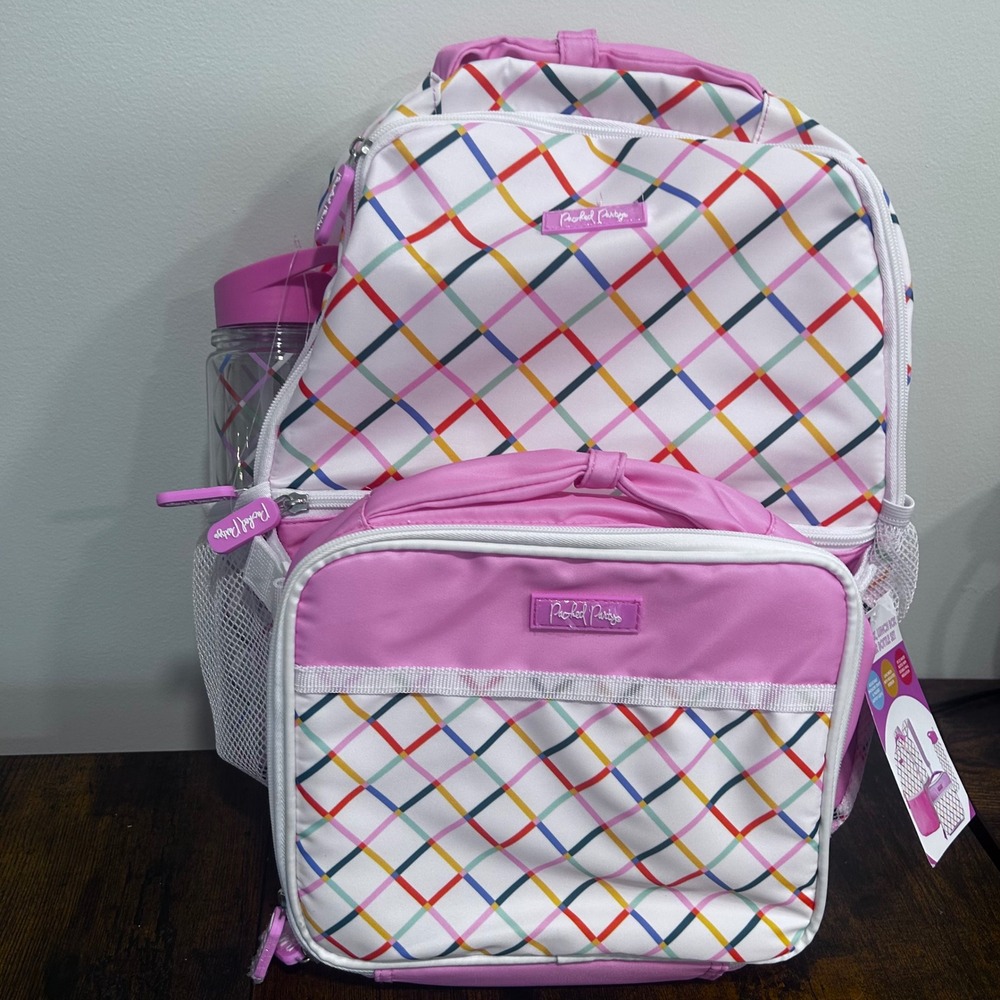 Packed Party Backpack Lunch Box and Water Bottle Set Pink Multicolor Grid NEW